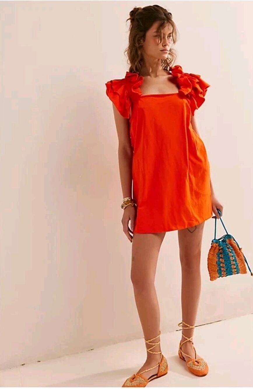 Free People Beach Elora Sydney Orange Cotton Mini Dress XS